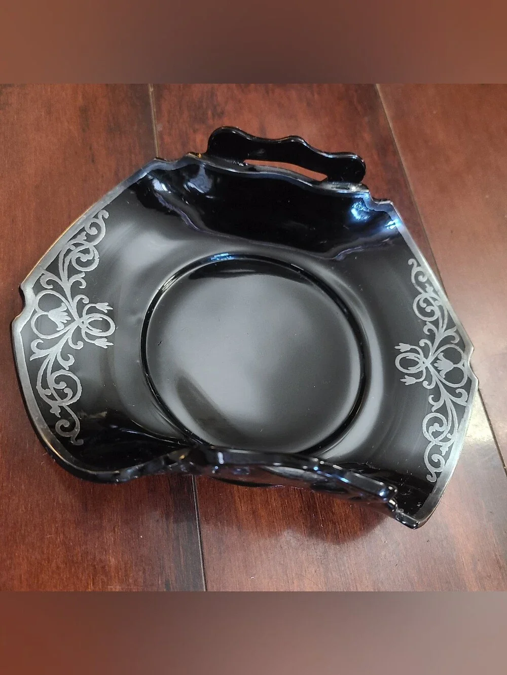 Vtg LE Smith Black Amethyst Glass Bonbon Dish Art Deco Sterling Silver...